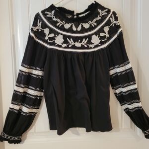 Anthropologie Maeve Black Blouse with White Embroidery Sz L